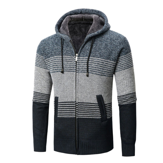 Herren Strickjacke mit Kapuze und modernen Blockstreifen EB