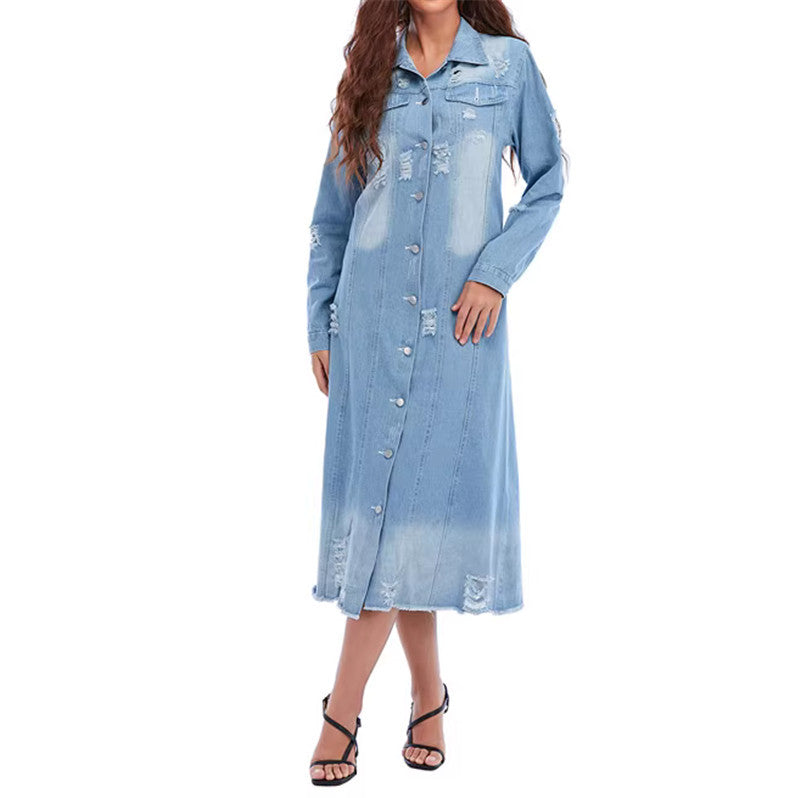 Damen nan langärmliges Jeans-Maxikleid mit Knopfleiste und Used-Details EB