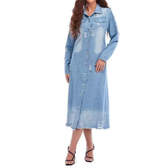 Damen nan langärmliges Jeans-Maxikleid mit Knopfleiste und Used-Details EB