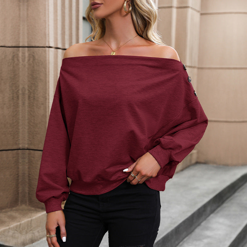 Damen lässiges Off-Shoulder Sweatshirt mit dekorativen Knöpfen EB