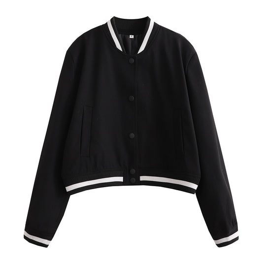 Damen Kurz geschnittene Collegejacke mit Rippbündchen und Druckknöpfen EB