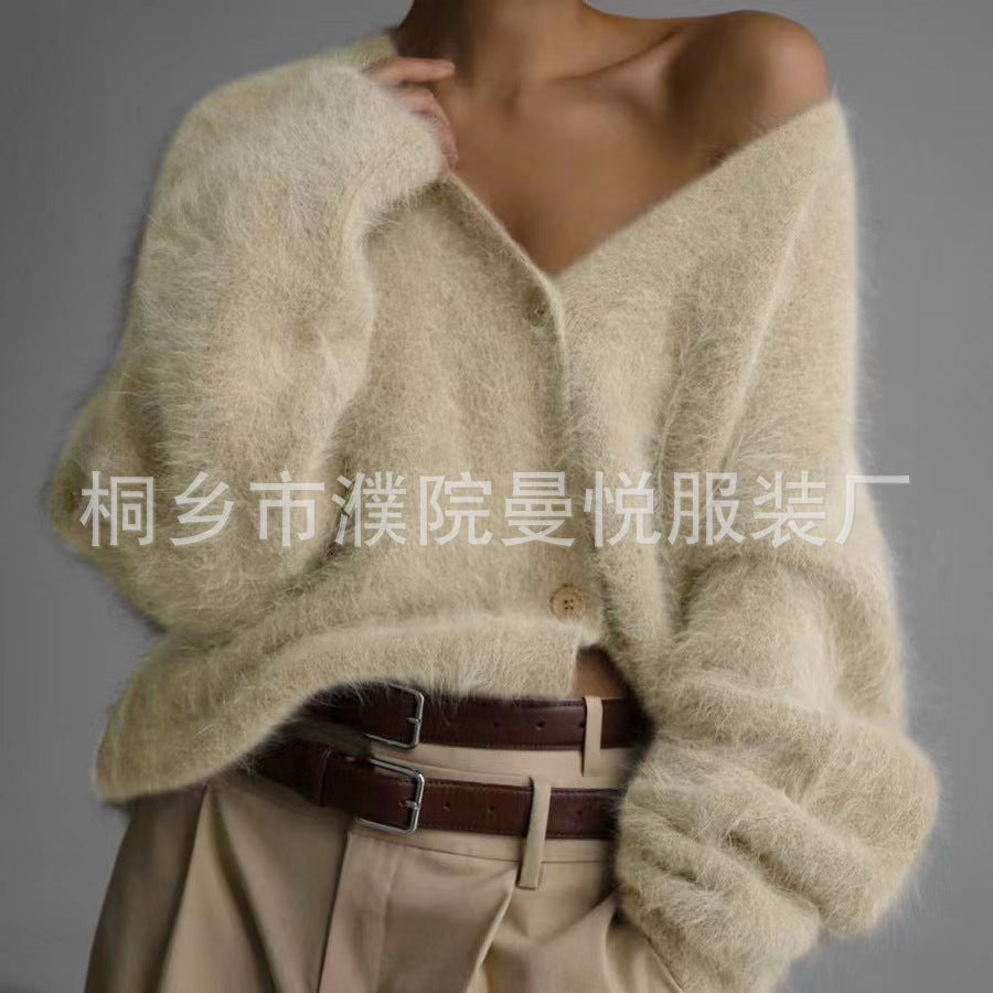 Damen Kuscheliger Oversize-Cardigan aus Teddy-Strick mit tiefem V-Ausschnitt EB