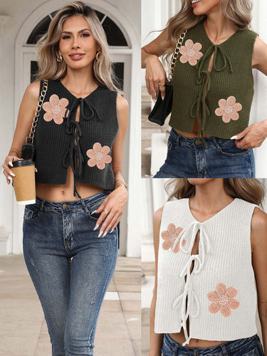 Damen Cropped Stricktop mit floralem Design und Bindebändern EB