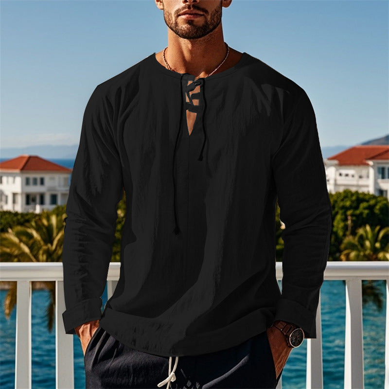 Herren modisches Langarmshirt mit Schnürung und V-Ausschnitt EB