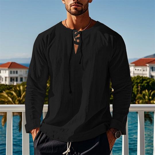 Herren modisches Langarmshirt mit Schnürung und V-Ausschnitt EB