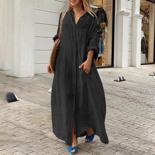 EB | Einreiher Baumwoll-Leinen Plus Size Langkleid