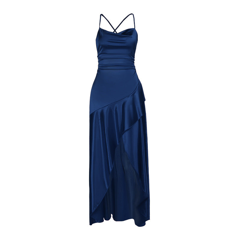 Damen luxuriöses Satin-Maxikleid mit asymmetrischem Schnitt EB