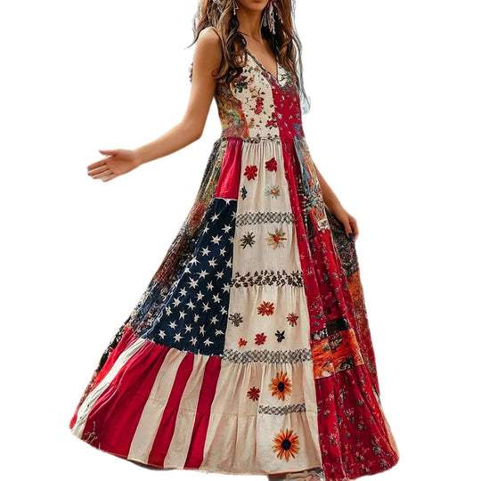 Damen Baumwoll Maxikleid mit Muster Mix und V-Ausschnitt EB