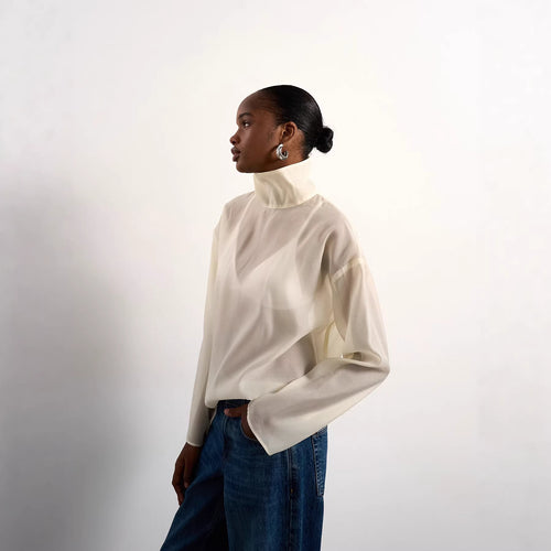Damen Elegante Bluse aus transparentem Stoff mit stehendem Kragen EB