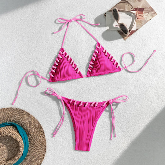 Damen Triangel-Bikini mit kontrastierenden Schnürdetails EB
