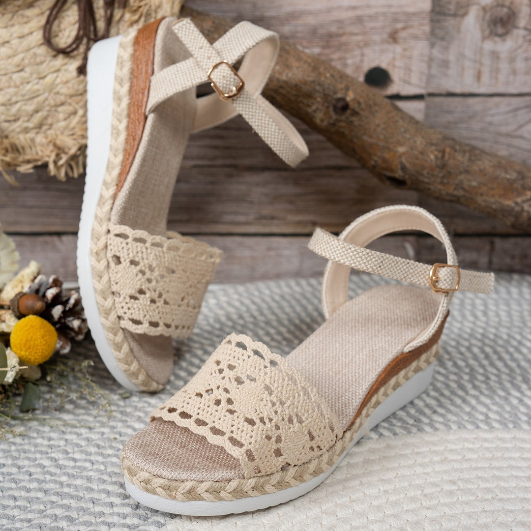 Damen Wedge-Sandalen mit floralem Häkelmuster und rutschfester Sohle EB