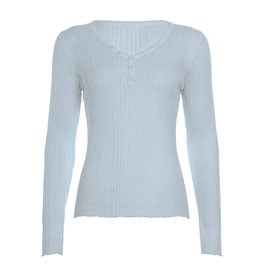 Damen nan feinstrukturierter Rippstrick-Longsleeve mit V-Ausschnitt, Henley-Knopfleiste und taillierter Passform EB