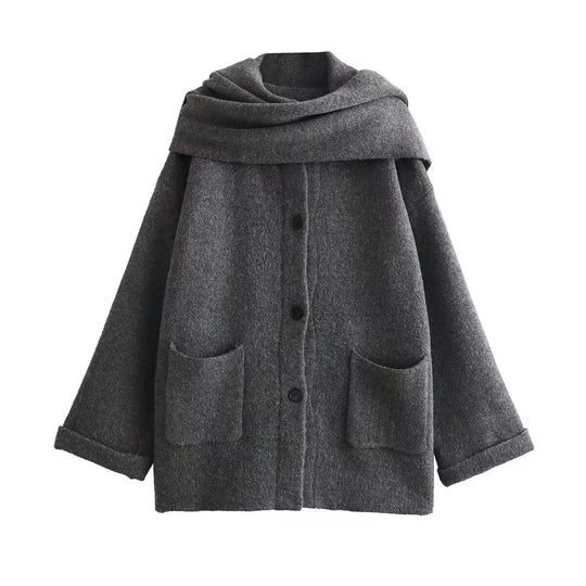 Damen elegante Oversize-Jacke aus warmer Wolle mit Taschen EB