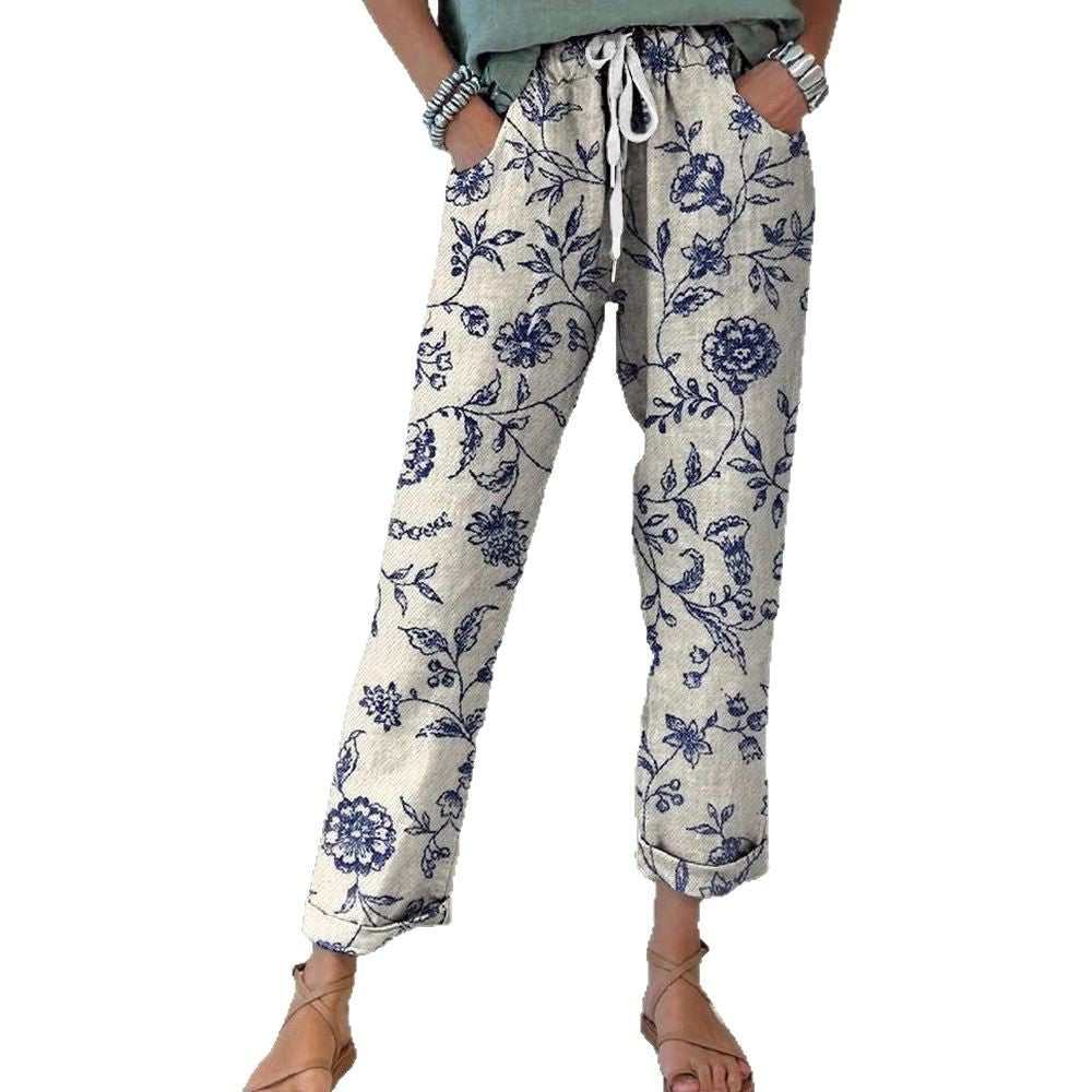 Damen Leinenoptik-Hose mit floralem Print, weitem Bein und Tunnelzug EB