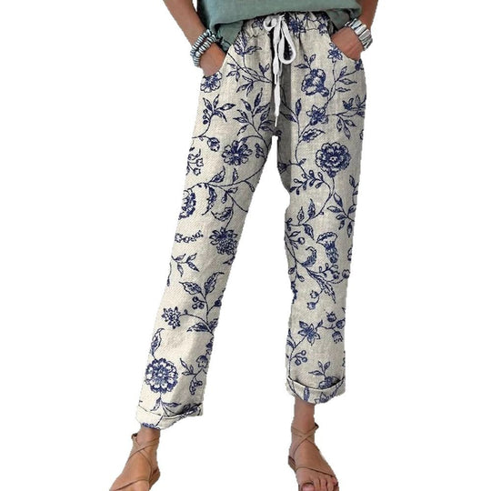Damen Leinenoptik-Hose mit floralem Print, weitem Bein und Tunnelzug EB