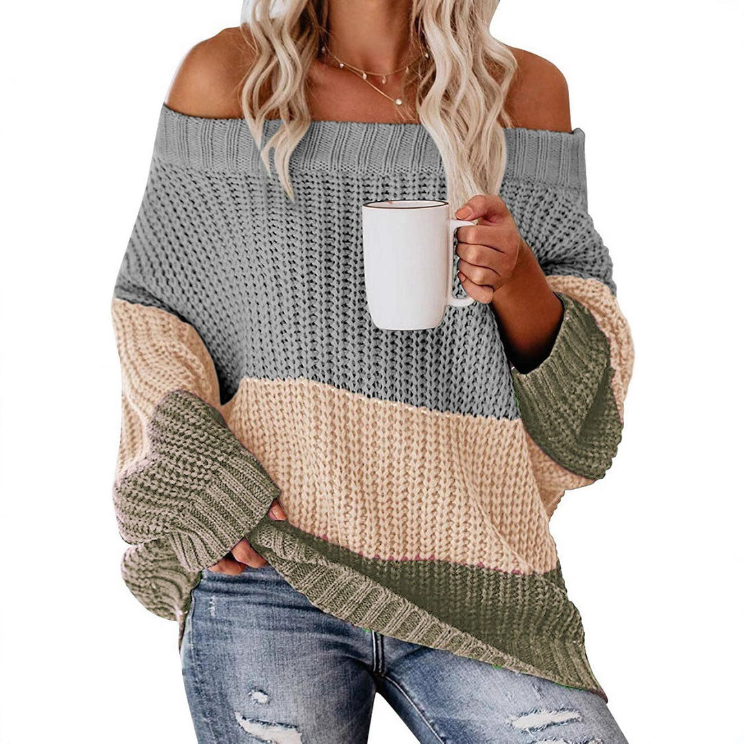 Damen lässiger Strickpullover mit weitem Ausschnitt und Farbblockdesign EB