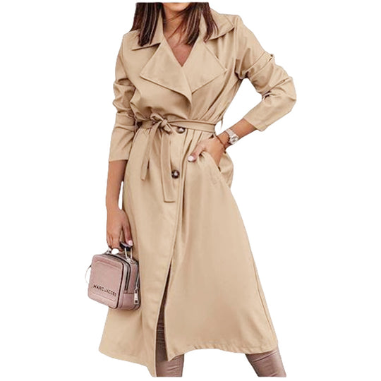 Damen eleganter Trenchcoat mit Taillengürtel und großen Taschen EB