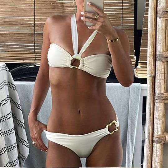 Damen Bandeau-Bikini-Set mit elegantem Ringdetail und verstellbaren Trägern EB