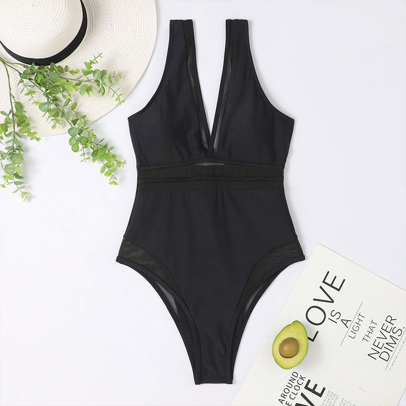 Damen Einteiliger Badeanzug mit tiefem V-Ausschnitt und eleganten Transparentsdetails EB