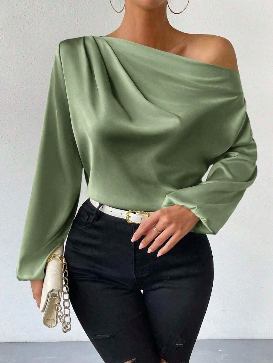 Damen Satin-Oberteil mit asymmetrischem Ausschnitt und fließendem Schnitt EB