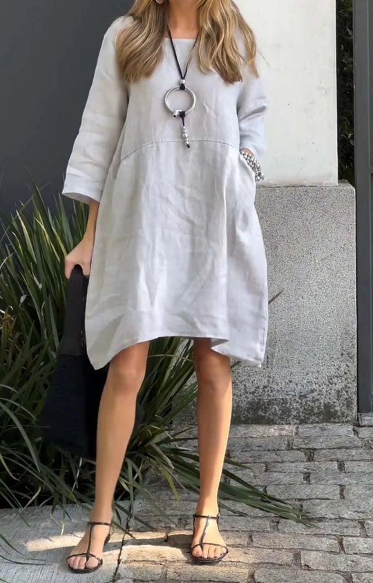 Damen lässiges Leinenkleid mit praktischen Taschen und asymmetrischem Saum EB