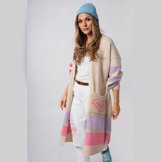 Damen Langärmliger Strickcardigan mit herzförmigen Taschen und modernem Farbblocking EB