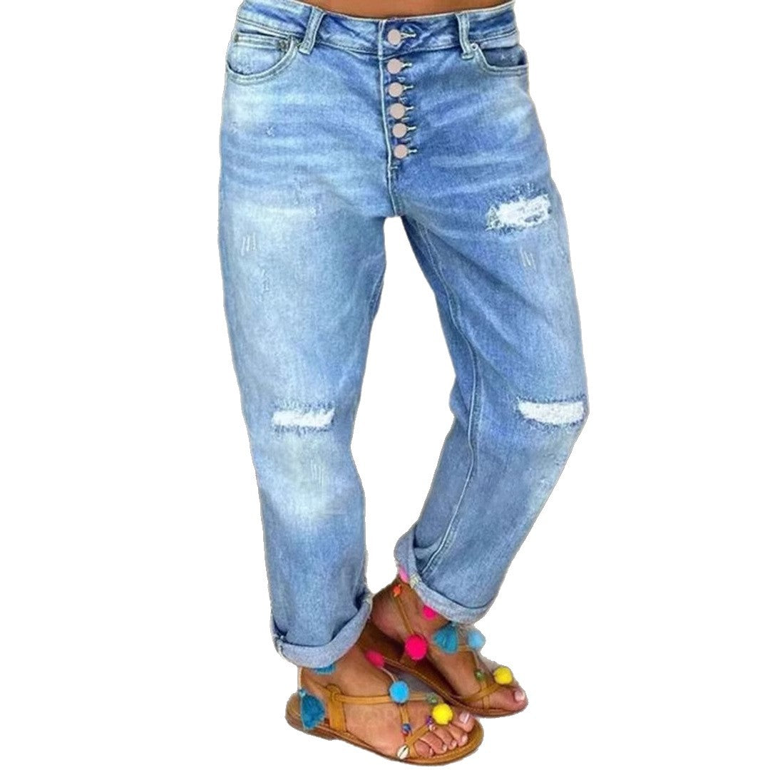 Damen Denim-Bundfaltenhose mit Knopfleiste und modischem Destroyed-Effekt EB