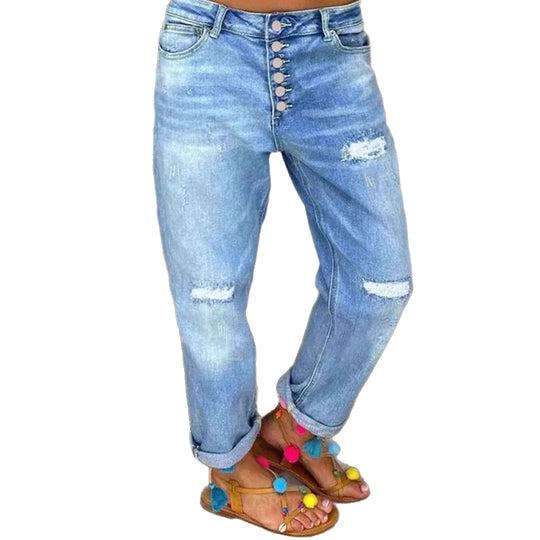 Damen Denim-Bundfaltenhose mit Knopfleiste und modischem Destroyed-Effekt EB