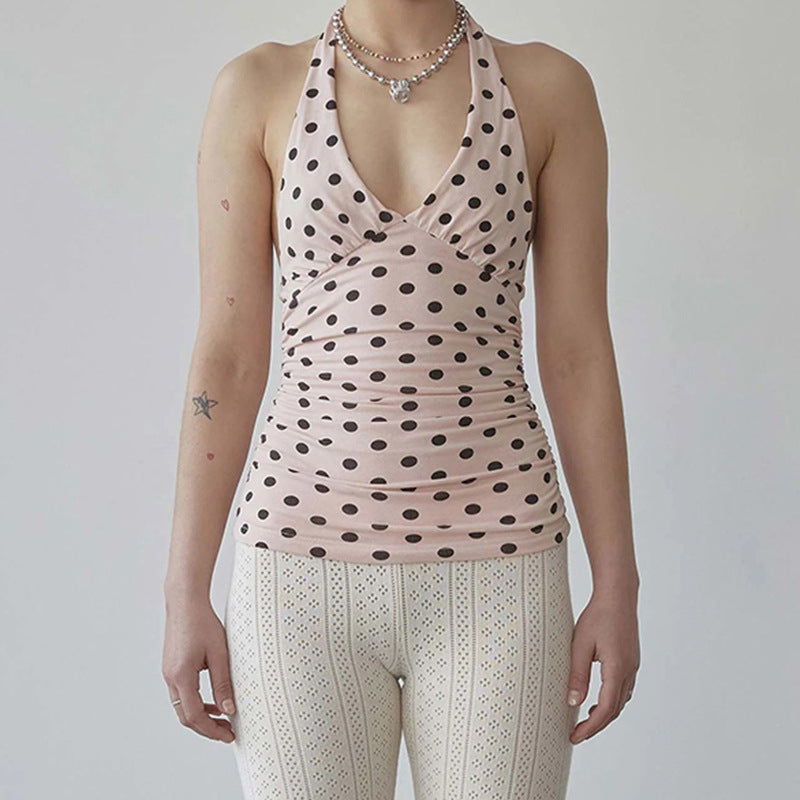 Damen Spaghetti-Trägertop mit Rüschen und verspieltem Punkte-Design EB