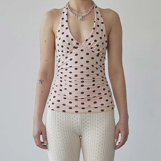 Damen Spaghetti-Trägertop mit Rüschen und verspieltem Punkte-Design EB