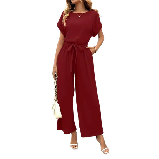 Damen Eleganter Jumpsuit mit weitem Bein und Taillenknoten EB
