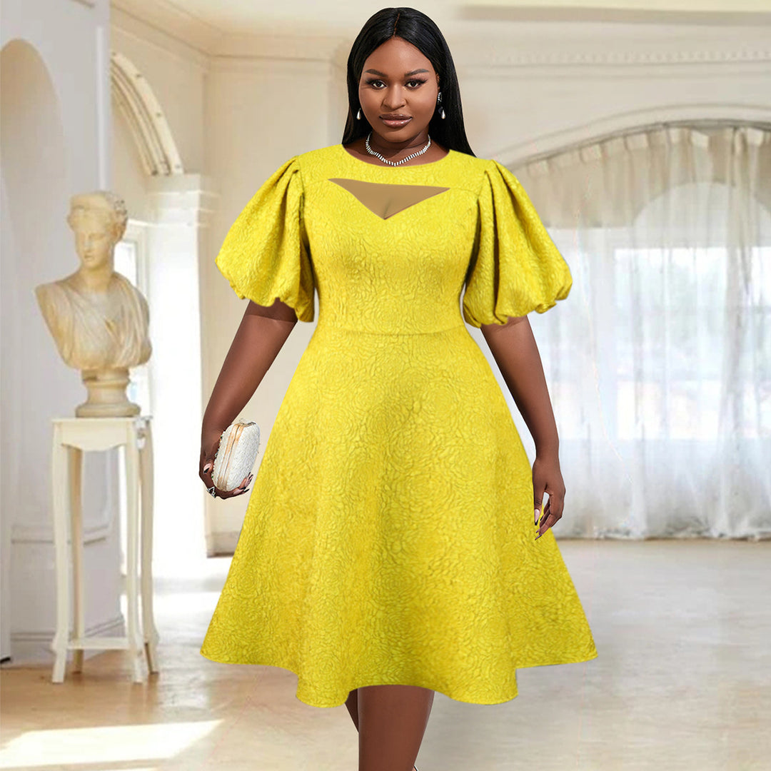 Damen Midi-Kleid mit voluminösen Puffärmeln und dekorativem Ausschnitt EB