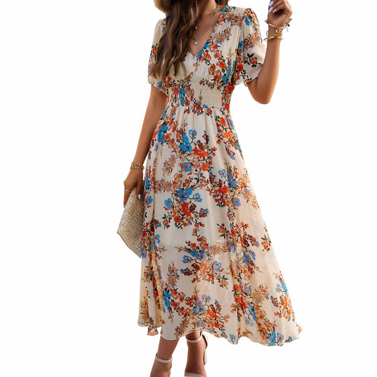 Damen Maxikleid mit schwingendem Rock und romantischem Blumenmuster EB