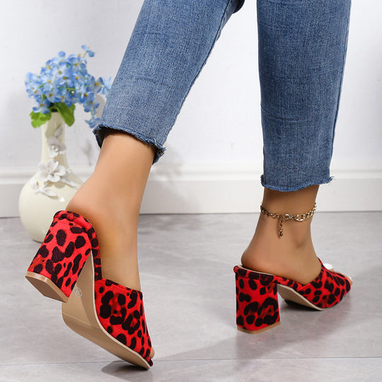 Damen offene Pantoletten mit Leopardenmuster und bequemem Blockabsatz EB