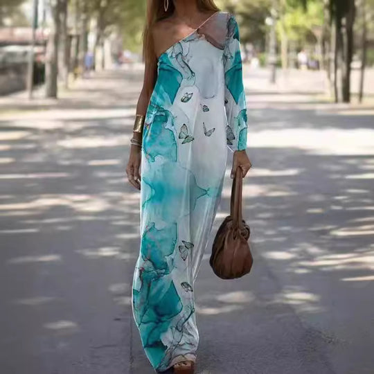 Damen asymmetrisches Maxikleid mit buntem Kunstdruck EB