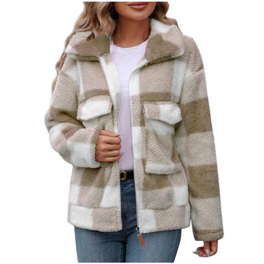 Damen Fleece-Jacke mit Karomuster und praktischen Taschen EB