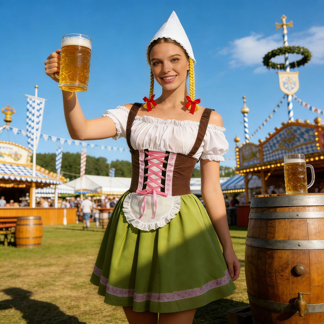 Damen nan traditionelles Dirndl-Kostüm mit Schnürung, Schürze und spitzem Kopftuch EB