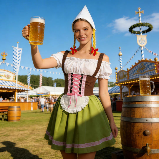 Damen nan traditionelles Dirndl-Kostüm mit Schnürung, Schürze und spitzem Kopftuch EB