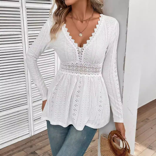 Damen Spitzenbluse mit tiefem V-Ausschnitt und Rüschendetails EB