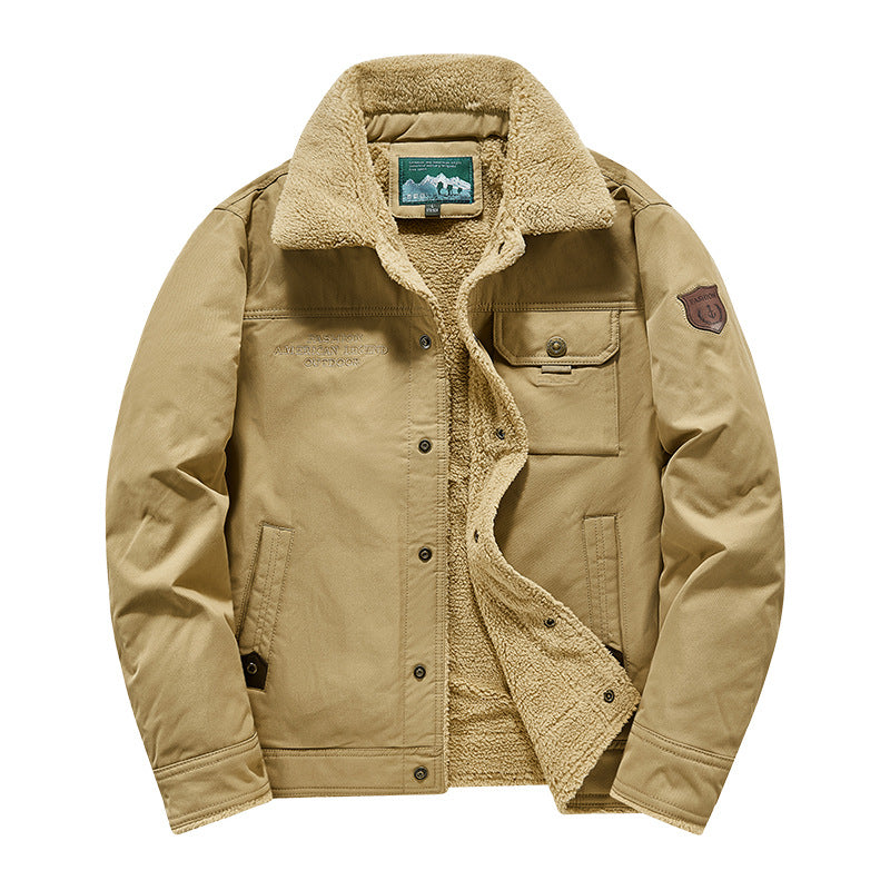 Men's  rugged sherpa-lined canvas chore jacket with stand collar and button-flap chest pocket EB