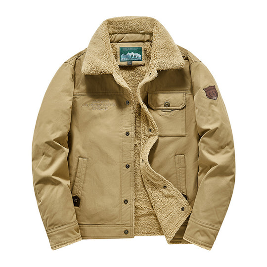 Men's  rugged sherpa-lined canvas chore jacket with stand collar and button-flap chest pocket EB