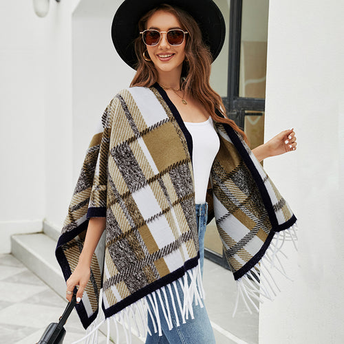 Damen eleganter Poncho mit modernem Karomuster und Fransen EB