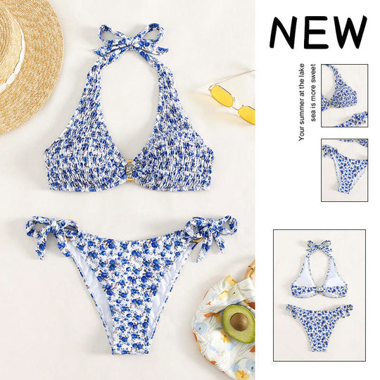 Damen Halter-Bikini mit floralem Design und verspielten Bindebändern EB