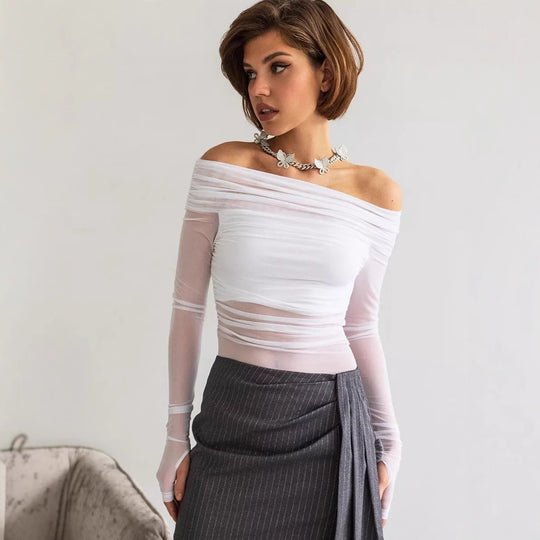 Damen Off-Shoulder Langarmshirt aus leicht transparentem Stoff mit raffiniertem Drapierungseffekt EB