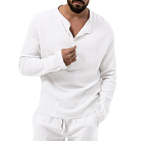 Herren nan legeres Baumwoll-Gauze-Henleyshirt mit halber Knopfleiste, relaxter Passform und feiner Crinkle-Struktur EB