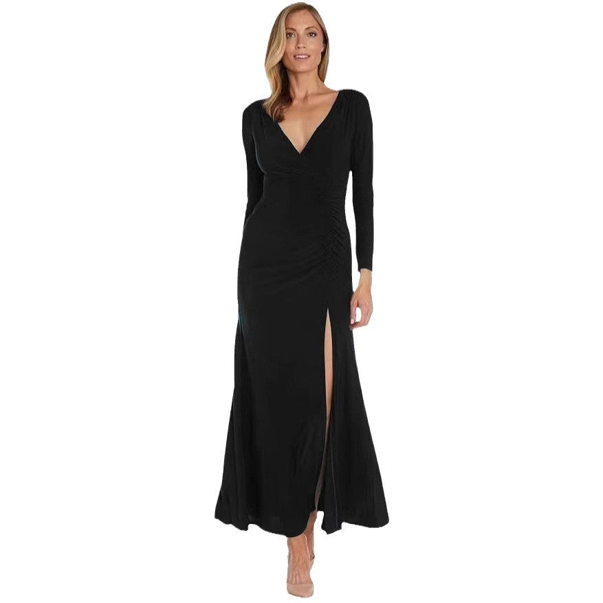 Damen elegantes Maxikleid mit hohem Schlitz und raffiniertem V-Ausschnitt EB