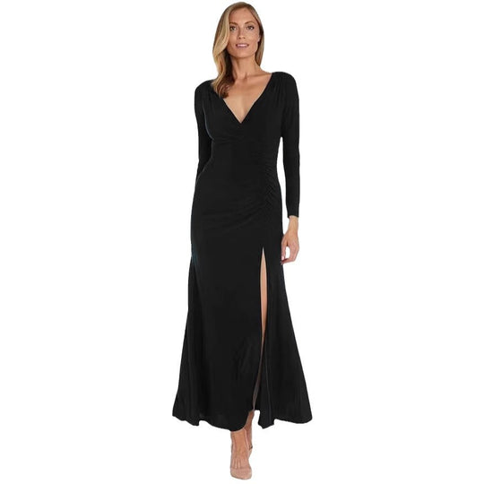 Damen elegantes Maxikleid mit hohem Schlitz und raffiniertem V-Ausschnitt EB