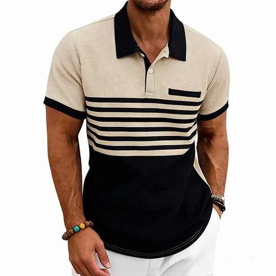 Herren nan Jacquard-Polo mit Blockstreifen, Brustblende und Baumwollmix EB