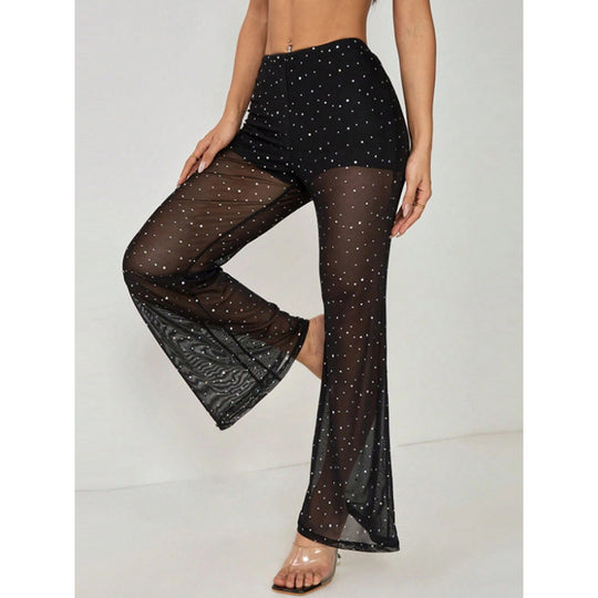 Damen Elegante transparente Palazzo-Hose mit funkelnden Akzenten EB