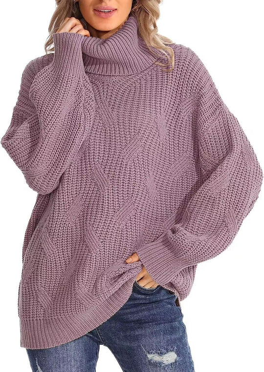 Damen Weicher Strickpullover mit hohem Kragen und Kabelmuster EB